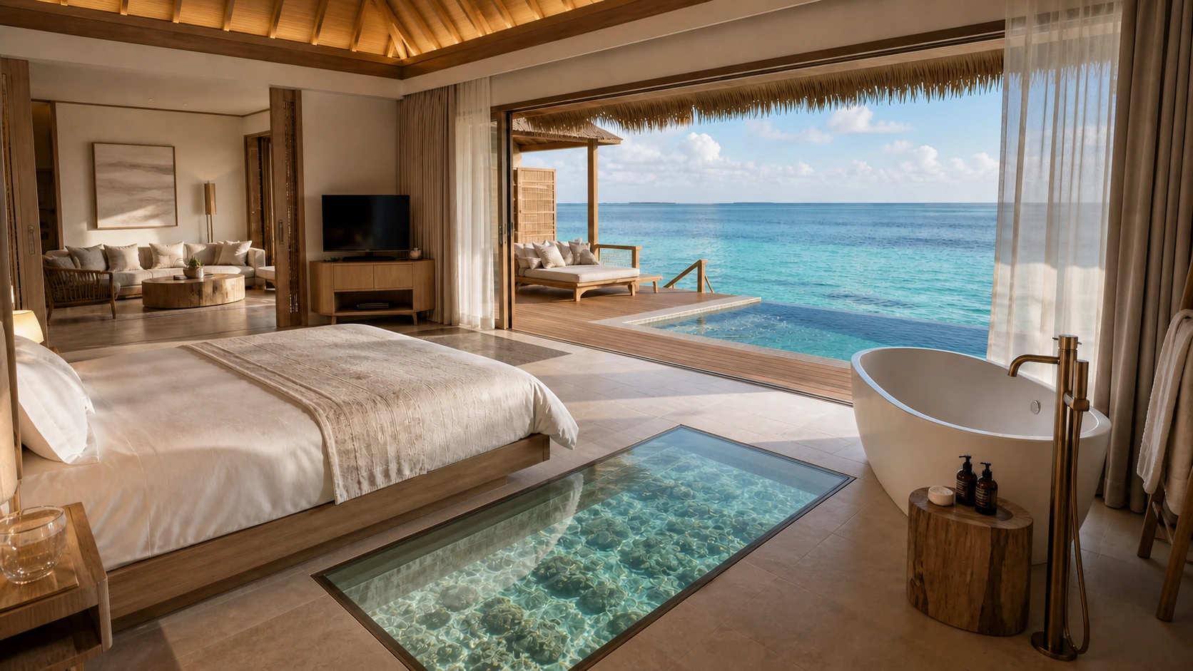 Luxury hotel suite with a bed, sitting area, and expansive city view.