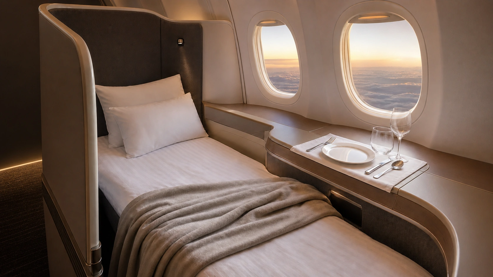 Private international business-class suite arranged as a lie-flat bed.